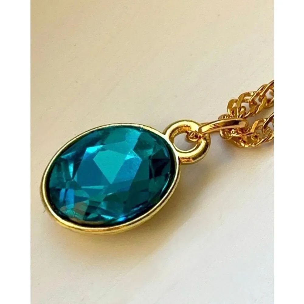 Aquamarine Blue Oval Pendant Necklace - Ocean Blue - Art Deco Style